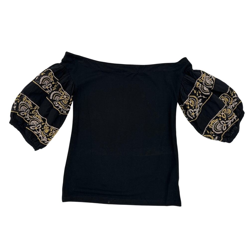 Free People Rock With It Black Embroidered Off Shoulder Puff Sleeve Top M